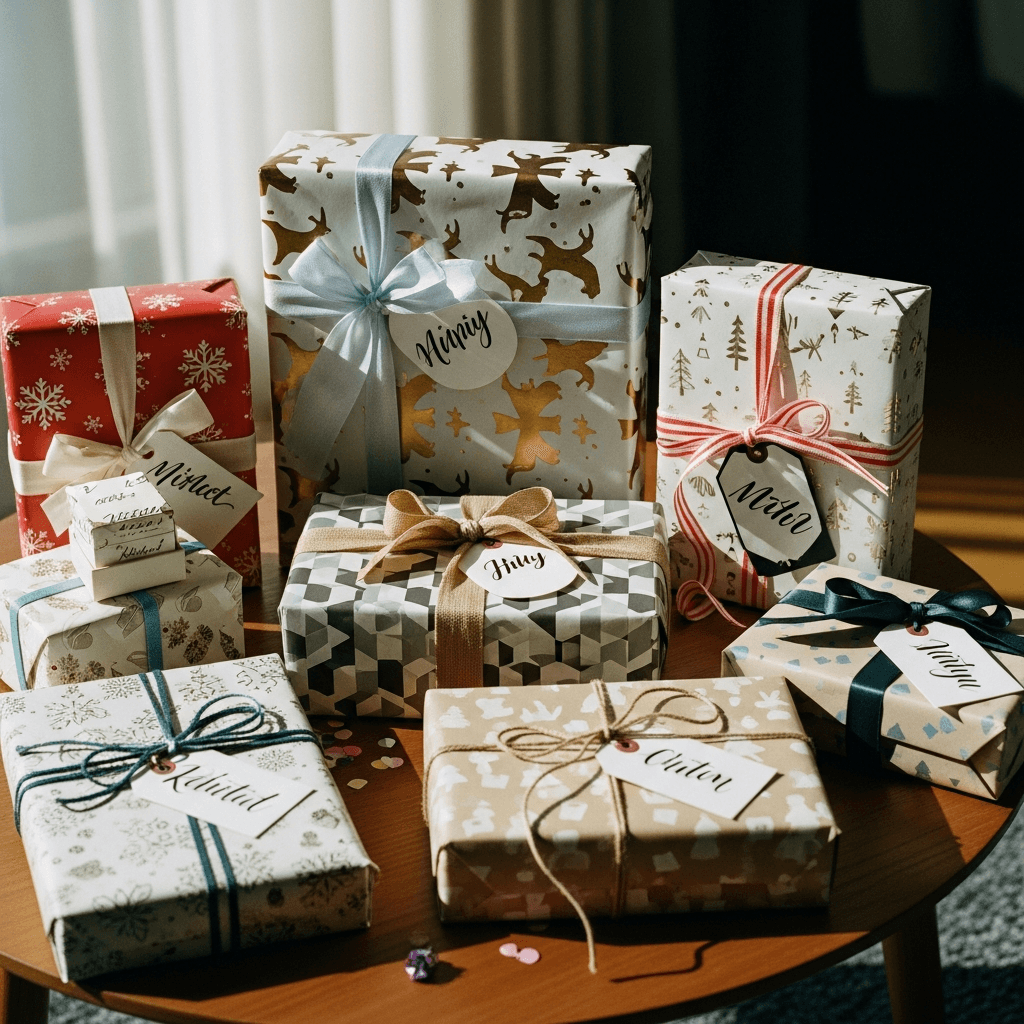 Wrapped Secret Santa gifts under a Christmas tree